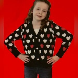 Lily & Dan Black Cardigan Sweater Button Front Red White Hearts Girl’s 6 S NEW
